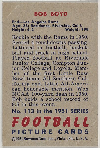 Card Number 113, Bob Boyd, End, Los Angeles Rams, from the Bowman Football series (R407-3) issued by Bowman Gum, Issued by Bowman Gum Company, Commercial color lithograph