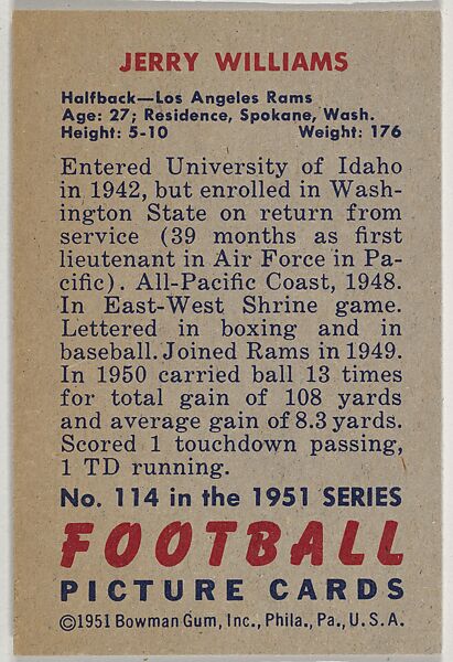 Card Number 114, Jerry Williams, Halfback, Los Angeles Rams, from the Bowman Football series (R407-3) issued by Bowman Gum, Issued by Bowman Gum Company, Commercial color lithograph