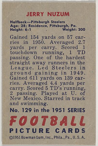 Card Number 129, Jerry Nuzum, Halfback, Pittsburgh Steelers, from the Bowman Football series (R407-3) issued by Bowman Gum, Issued by Bowman Gum Company, Commercial color lithograph