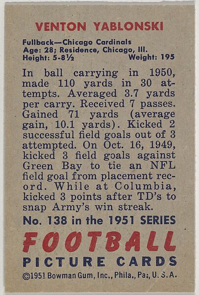 Card Number 138, Venton Yablonski, Fullback, Chicago Cardinals, from the Bowman Football series (R407-3) issued by Bowman Gum, Issued by Bowman Gum Company, Commercial color lithograph