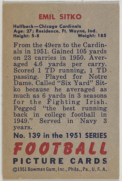 Card Number 139, Emil Sitko, Halfback, Chicago Cardinals, from the Bowman Football series (R407-3) issued by Bowman Gum, Issued by Bowman Gum Company, Commercial color lithograph
