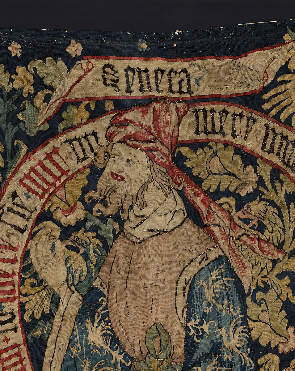 Allegorical Tapestry with Sages of the Past, Linen, wool, brass metal-strip-wrapped silk, German