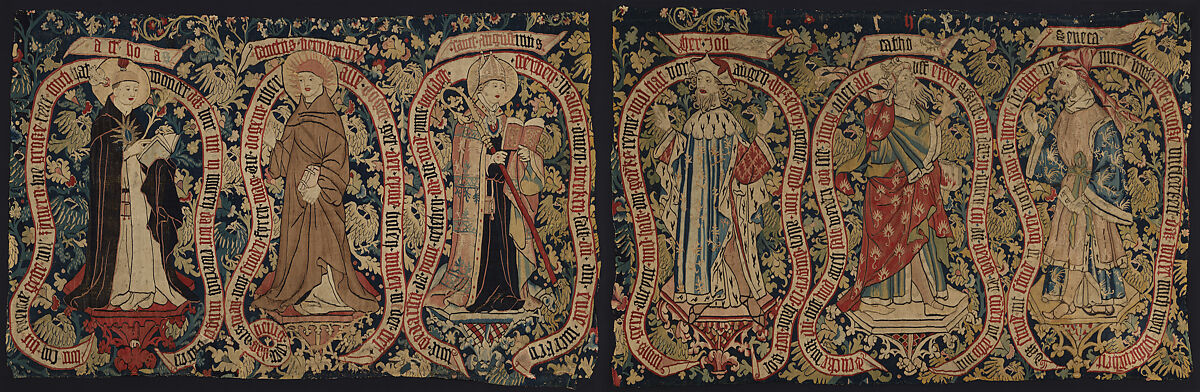 Allegorical Tapestry with Sages of the Past, Linen, wool, brass metal-strip-wrapped silk, German 