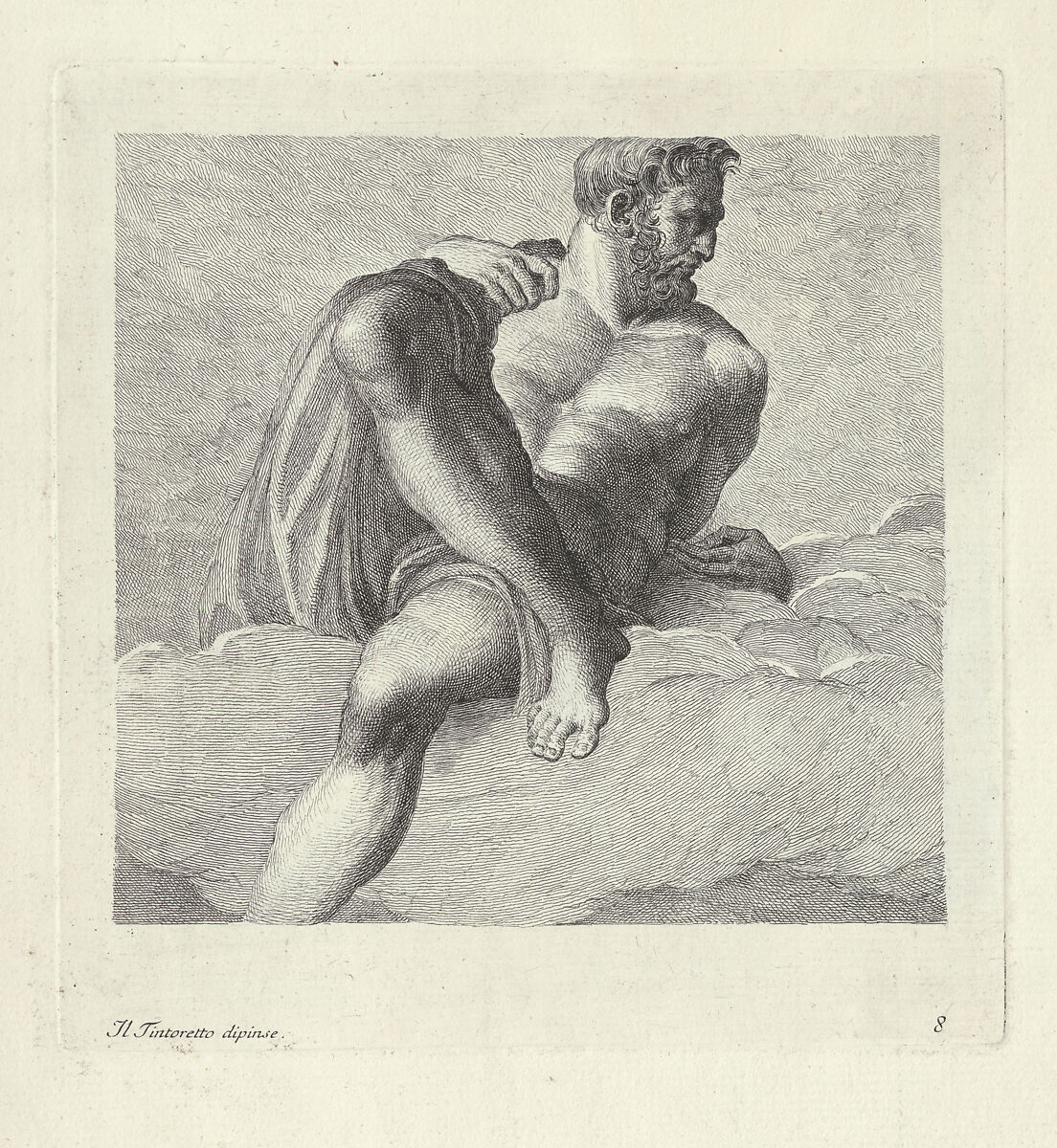 Partially Nude Man Reclining on Clouds, plate 8 from "Varie pitture a fresco de'principali maestri veneziani ora per la prima volta con le stampe pubblicate" (Frescoes by the Most Important Venetian Masters Published in Print for the First Time), Antonio Maria Zanetti II (Italian, 1706–1778), Etching