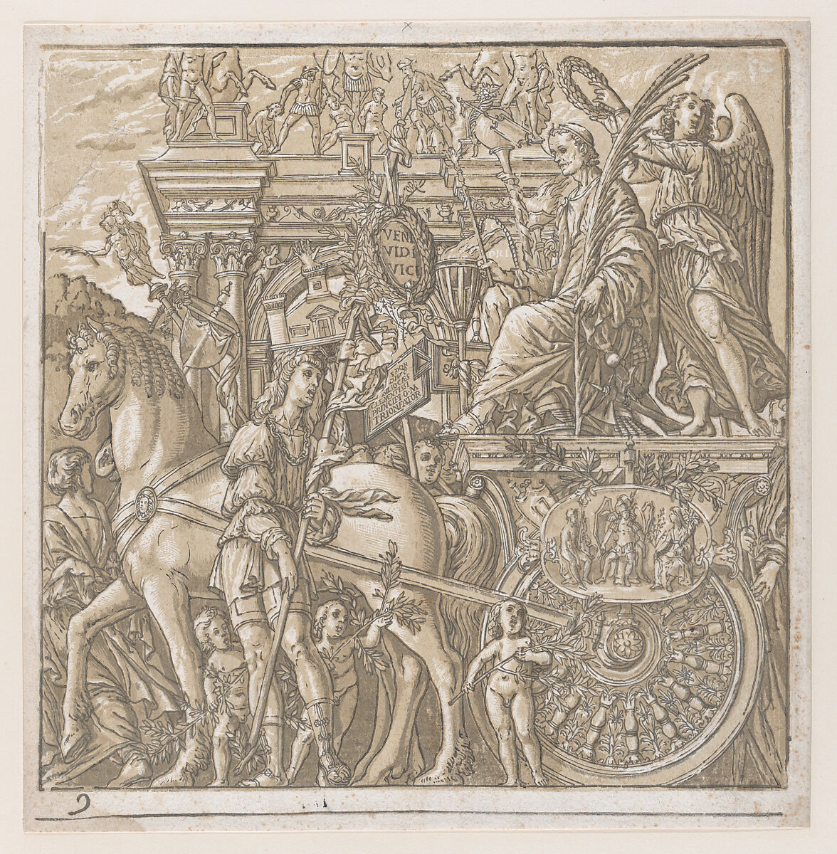 Sheet 9: Julius Ceasar in his horse-drawn chariot, from "The Triumph of Julius Caesar", Andrea Andreani (Italian, Mantua 1558/1559–1629), Chiaroscuro woodcut from four blocks in gray-green ink 
