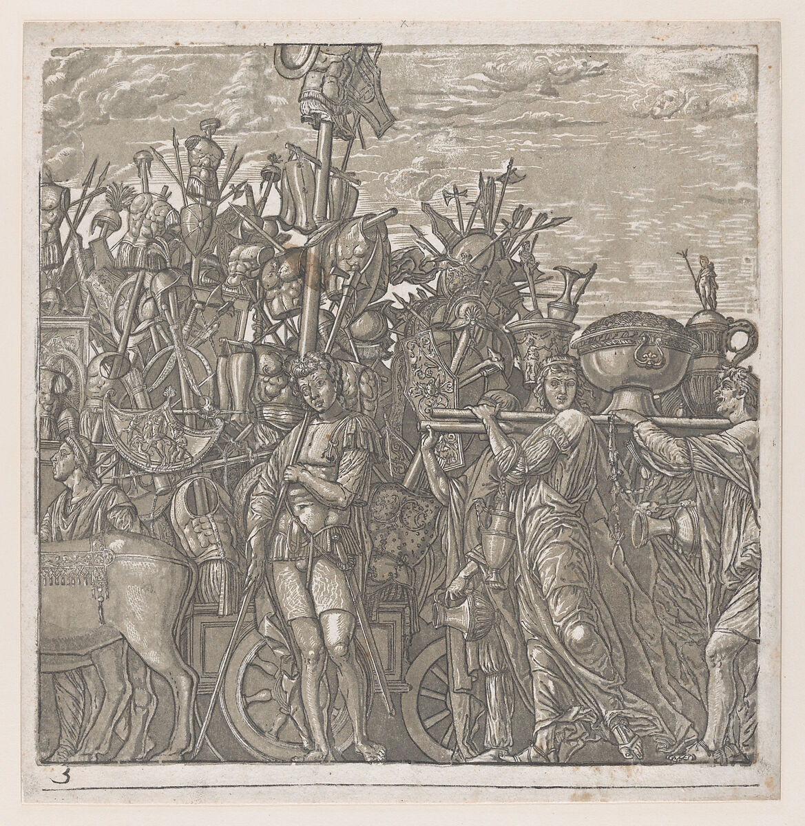 Sheet 3: Trophies of War, from "The Triumph of Julius Caesar", Andrea Andreani (Italian, Mantua 1558/1559–1629), Chiaroscuro woodcut from four blocks in gray-green ink 
