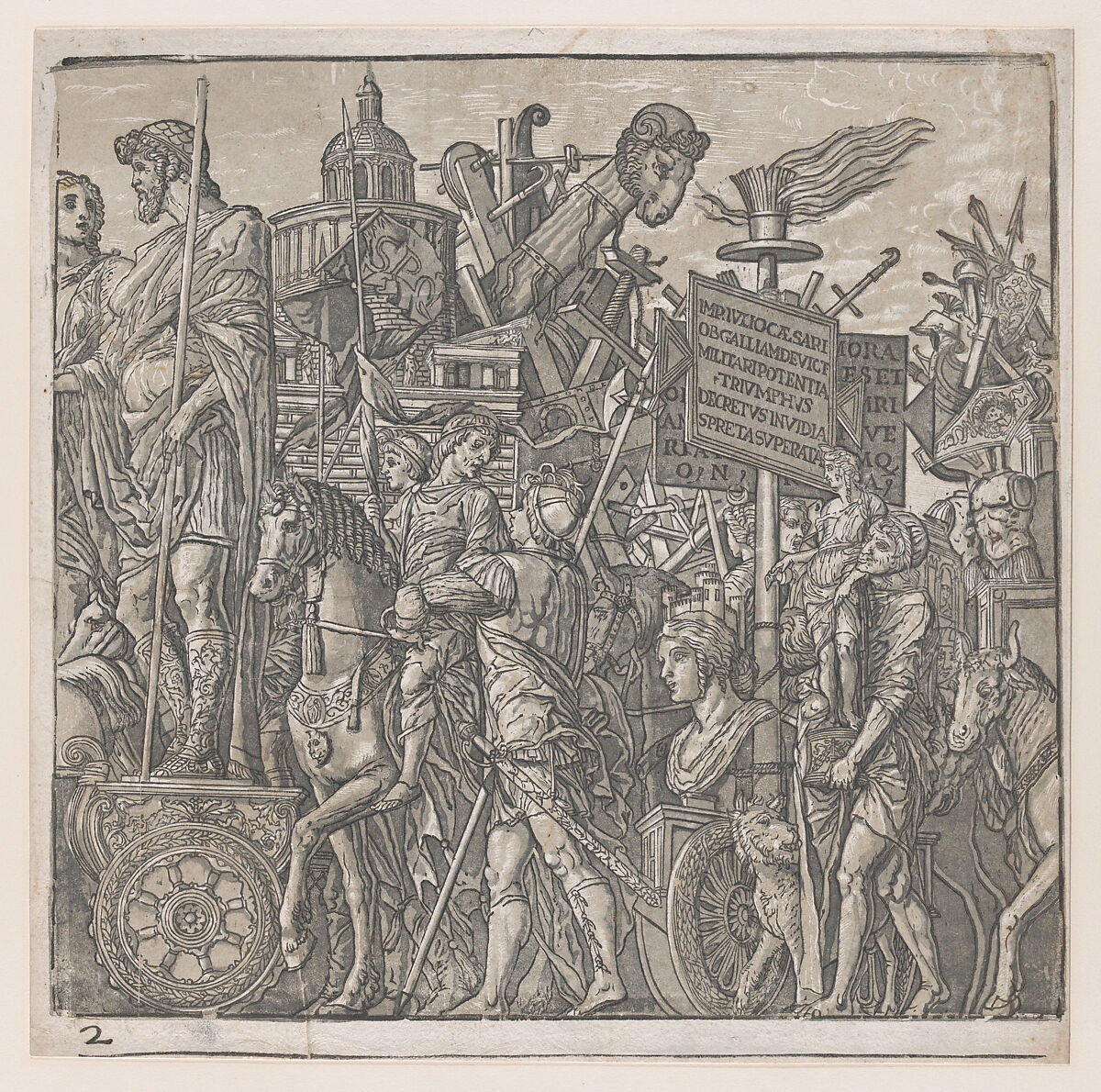 Sheet 2: A Triumphal Chariot, from "The Triumph of Julius Caesar", Andrea Andreani (Italian, Mantua 1558/1559–1629), Chiaroscuro woodcut from four blocks in gray-green ink 