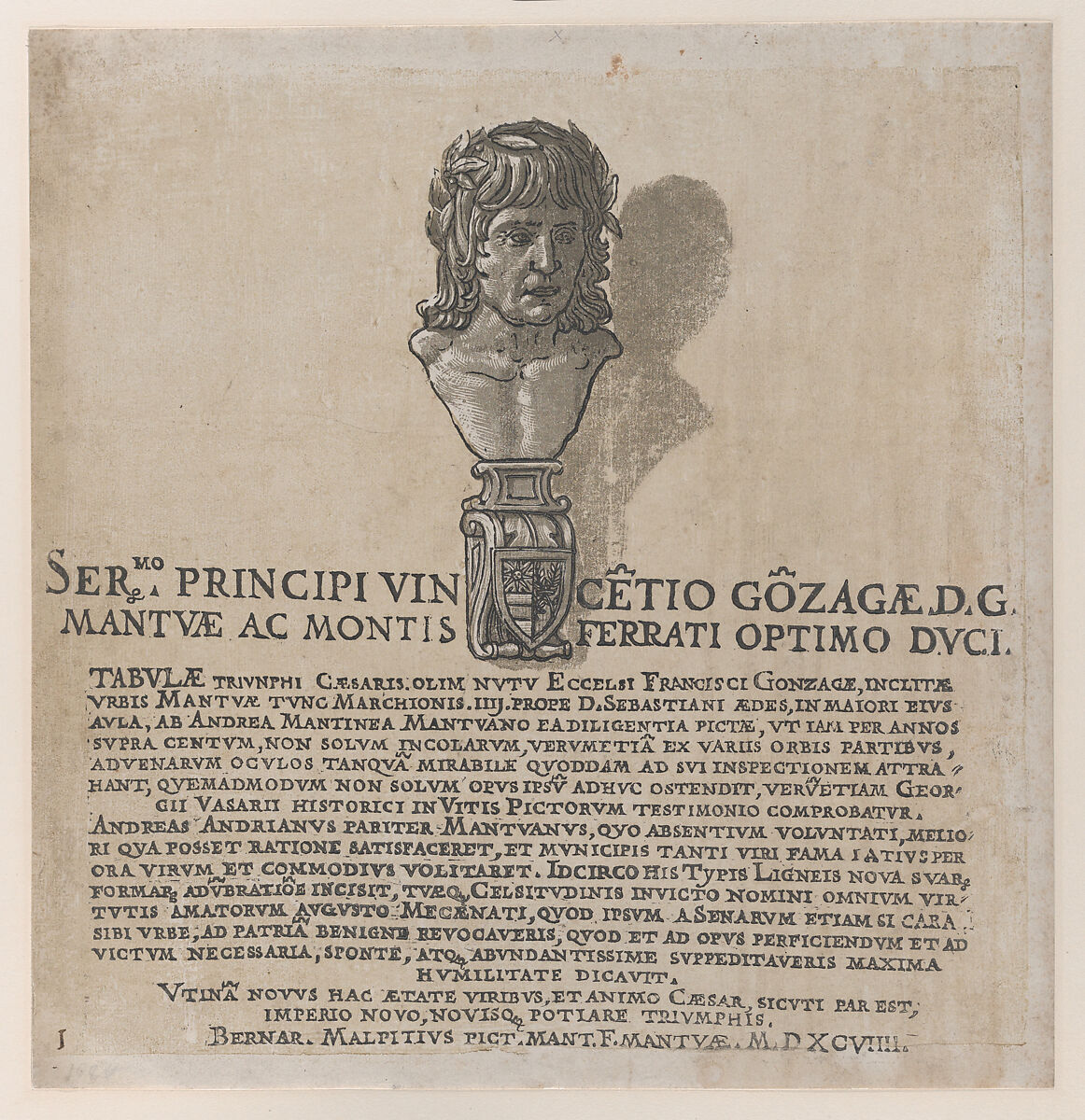 Title page, from "The Triumph of Julius Caesar", Andrea Andreani (Italian, Mantua 1558/1559–1629), Chiaroscuro woodcut from three blocks in gray-green ink 