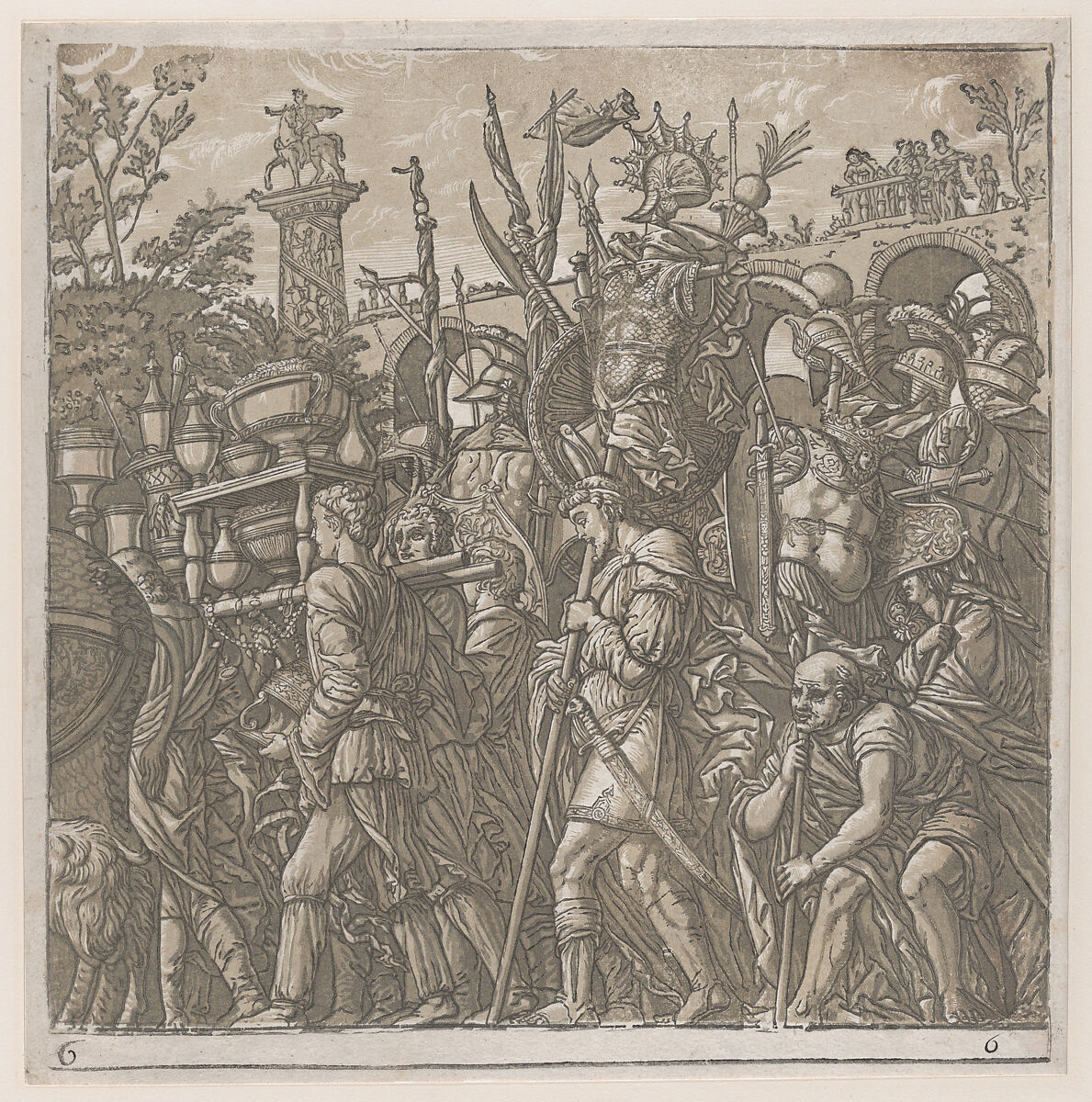 Sheet 6: Men Carrying Trophies, from "The Triumph of Julius Caesar", Andrea Andreani (Italian, Mantua 1558/1559–1629), Chiaroscuro woodcut from four blocks in gray-green ink 