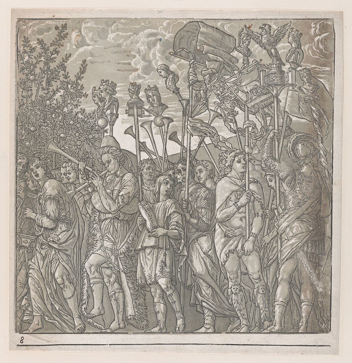 Sheet 8: Procession of Musicians, from "The Triumph of Julius Caesar", Andrea Andreani (Italian, Mantua 1558/1559–1629), Chiaroscuro woodcut from four blocks in gray-green ink 