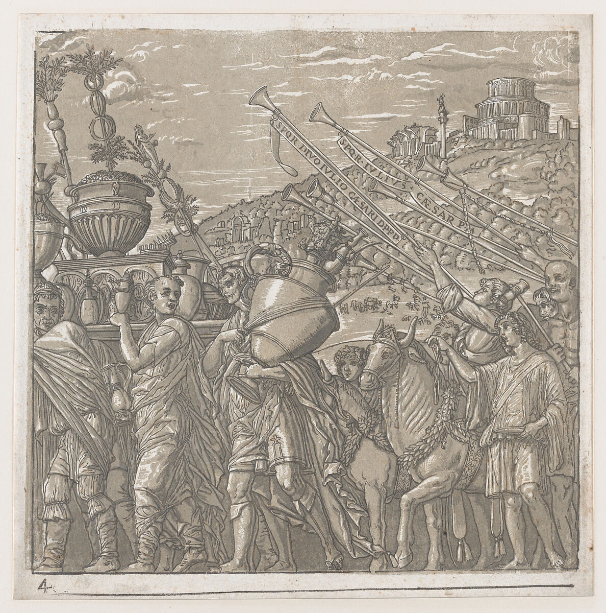 Sheet 4: Men carrying trophies at left, trumpeters at right, from "The Triumph of Julius Caesar", Andrea Andreani (Italian, Mantua 1558/1559–1629), Chiaroscuro woodcut from four blocks in gray-green ink 
