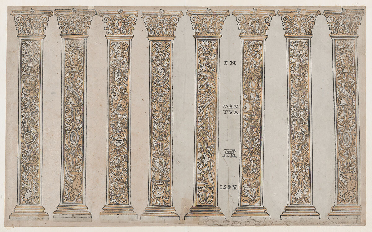 Six Corinthian pilasters for the Triumph, from "The Triumph of Julius Caesar", Andrea Andreani (Italian, Mantua 1558/1559–1629), Chiaroscuro woodcut from two blocks in light brown ink 