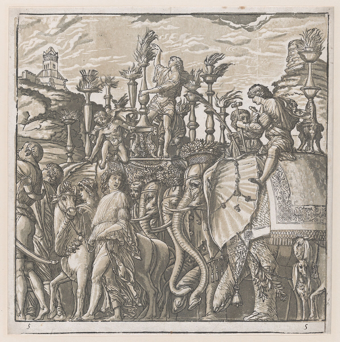 Sheet 5: Elephants, from "The Triumph of Julius Caesar", Andrea Andreani (Italian, Mantua 1558/1559–1629), Chiaroscuro woodcut from two blocks in light brown ink 