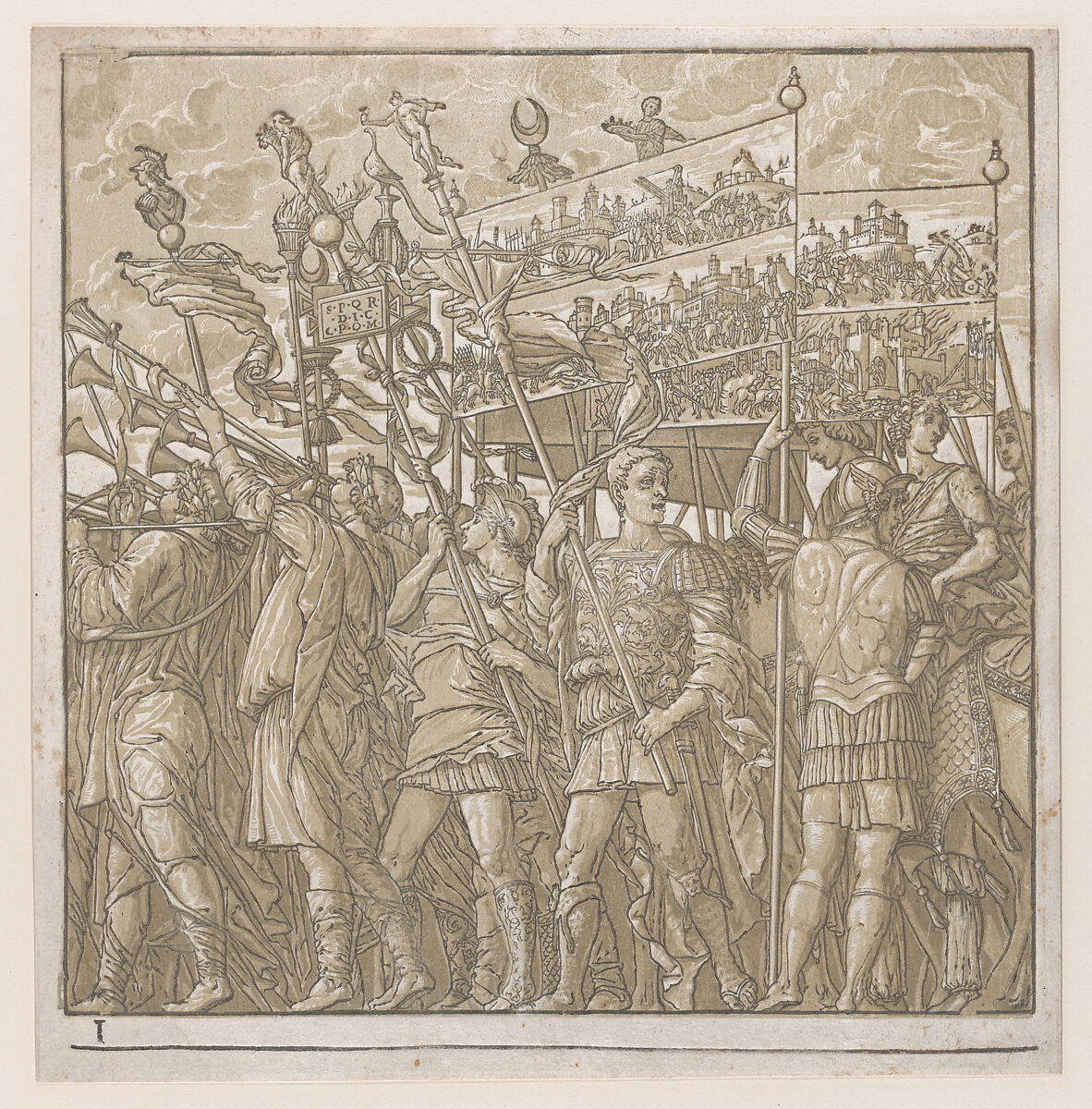 Sheet 1: Soldiers carrying banners depicting Julius Caesar's triumphant military exploits, from "The Triumph of Julius Caesar", Andrea Andreani (Italian, Mantua 1558/1559–1629), Chiaroscuro woodcut from two blocks in light brown ink 