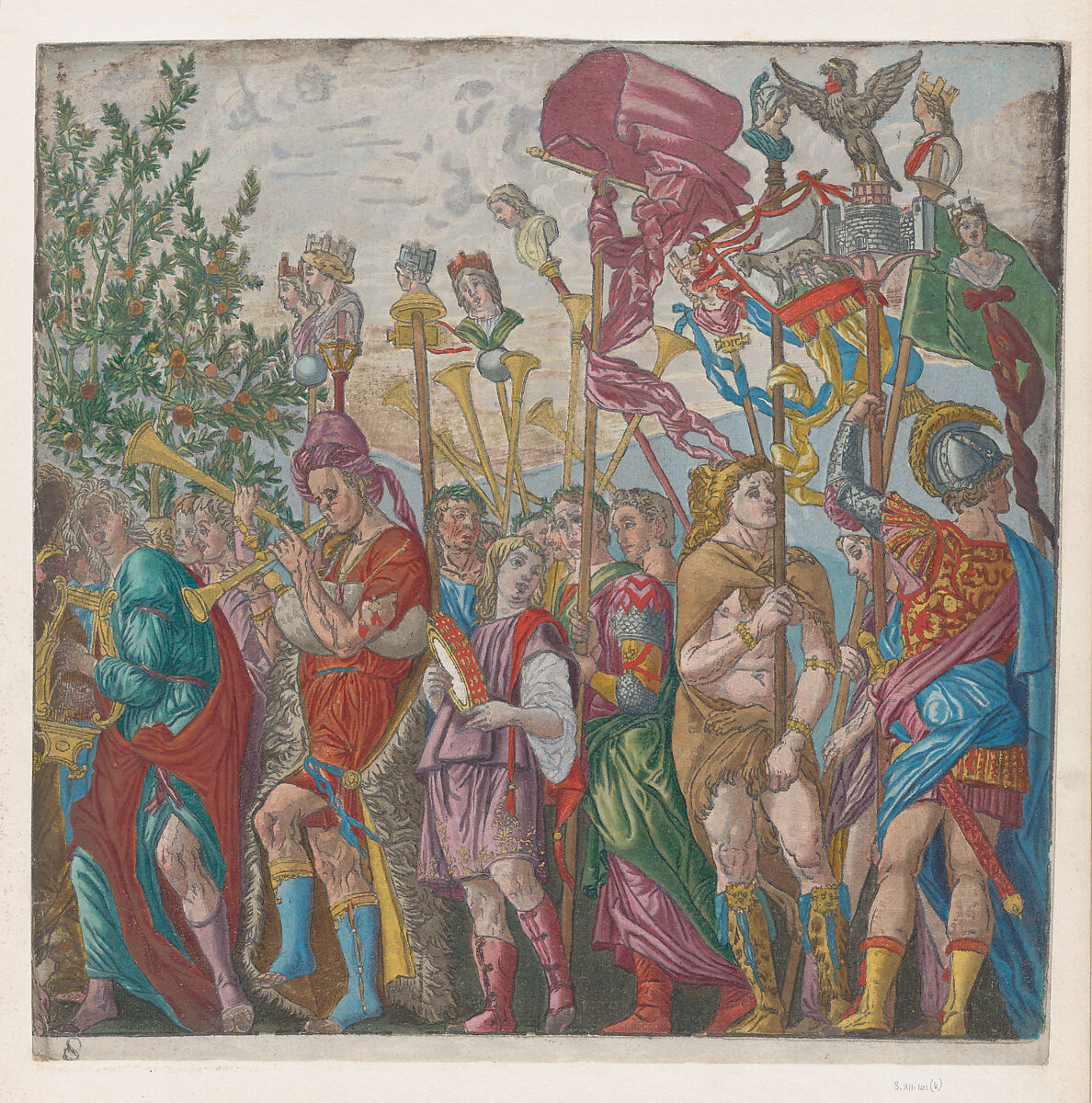 Sheet 7: Procession of Musicians and others holding standards, from "The Triumph of Julius Caesar", Andrea Andreani (Italian, Mantua 1558/1559–1629), Hand-colored woodcut 
