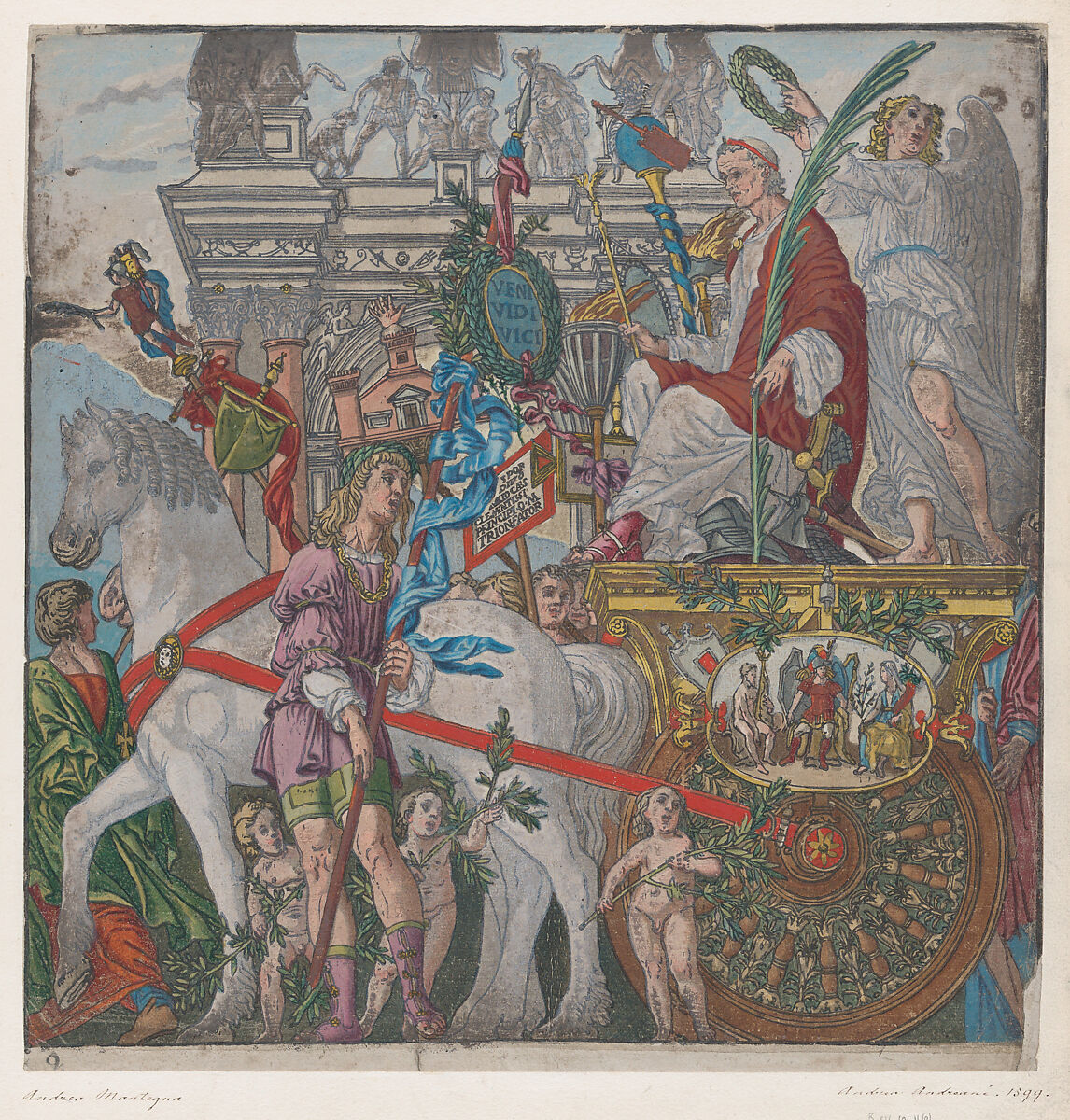 Sheet 9: Julius Caesar in his horse-drawn chariot, from "The Triumph of Julius Caesar", Andrea Andreani (Italian, Mantua 1558/1559–1629), Hand-colored woodcut 
