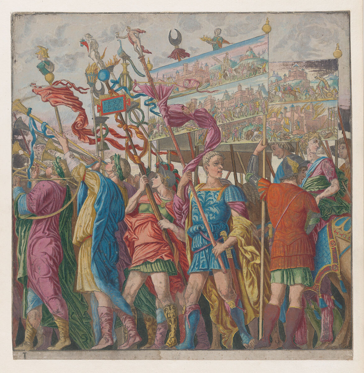 Sheet 1: Soldiers carrying banners depicting Julius Caesar's triumphant military exploits, from "The Triumph of Julius Caesar", Andrea Andreani (Italian, Mantua 1558/1559–1629), Hand-colored woodcut 