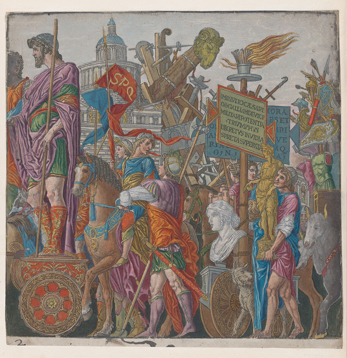 Sheet 2: A Triumphal Chariot, from "The Triumph of Julius Caesar", Andrea Andreani (Italian, Mantua 1558/1559–1629), Hand-colored woodcut 