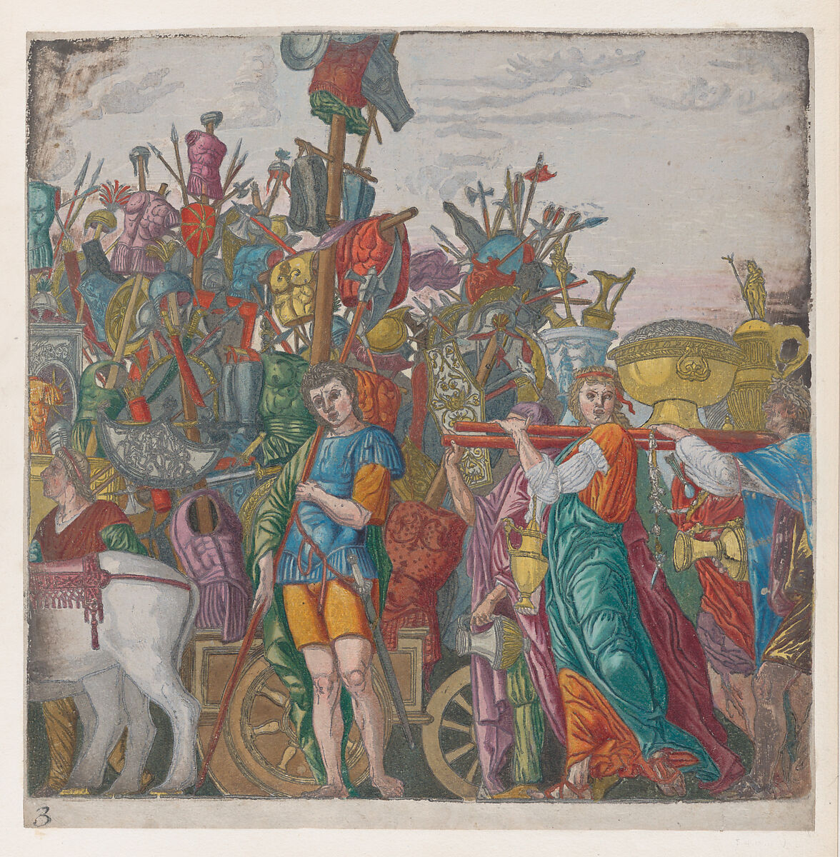 Sheet 3: Trophies of War, from "The Triumph of Julius Caesar", Andrea Andreani (Italian, Mantua 1558/1559–1629), Hand-colored woodcut 