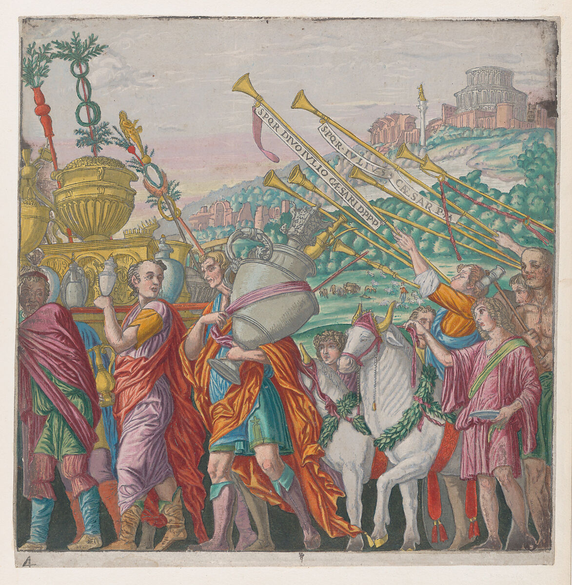 Sheet 4: Men carrying trophies at left, trumpeters at right, from "The Triumph of Julius Caesar", Andrea Andreani (Italian, Mantua 1558/1559–1629), Hand-colored woodcut 
