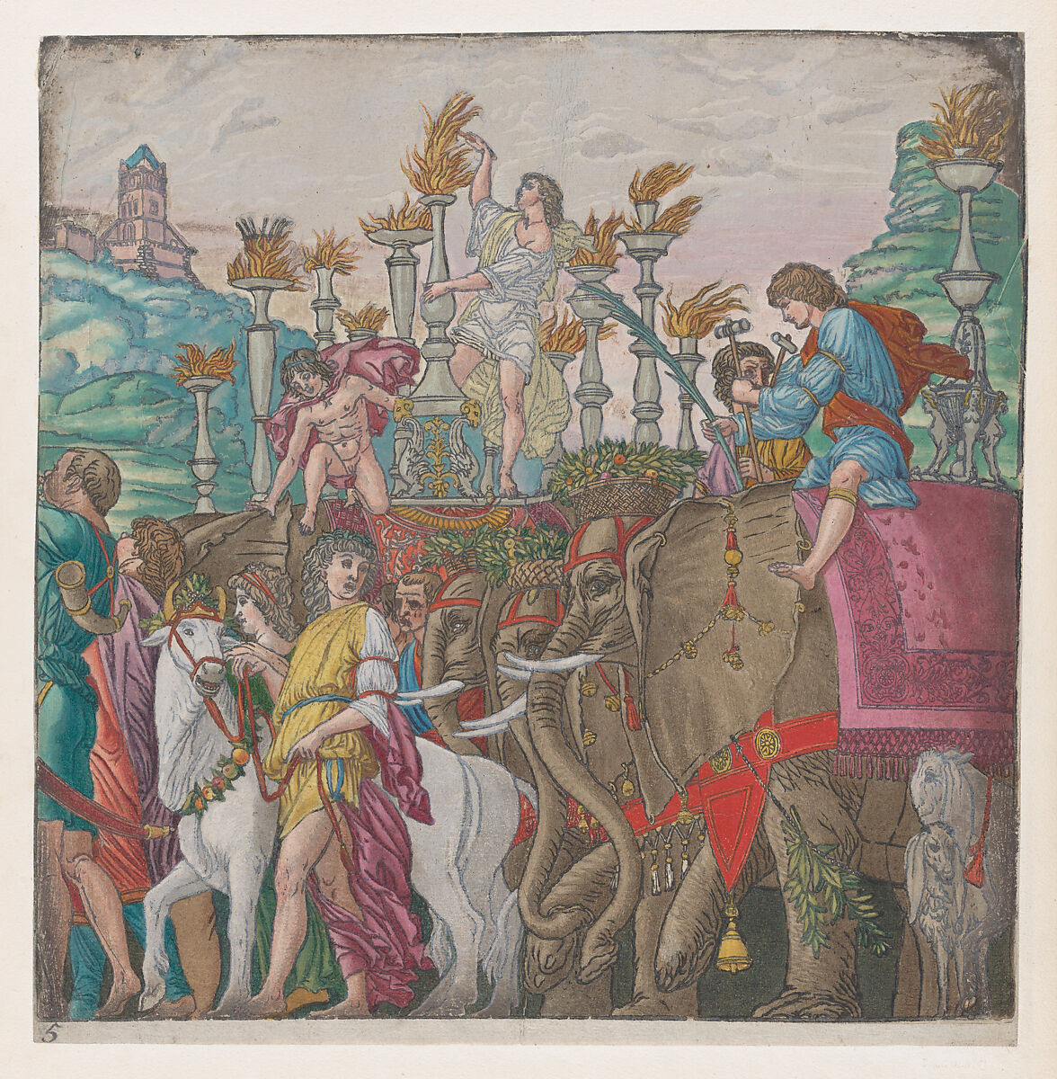 Sheet 5: Elephants, from "The Triumph of Julius Caesar", Andrea Andreani (Italian, Mantua 1558/1559–1629), Hand-colored woodcut 