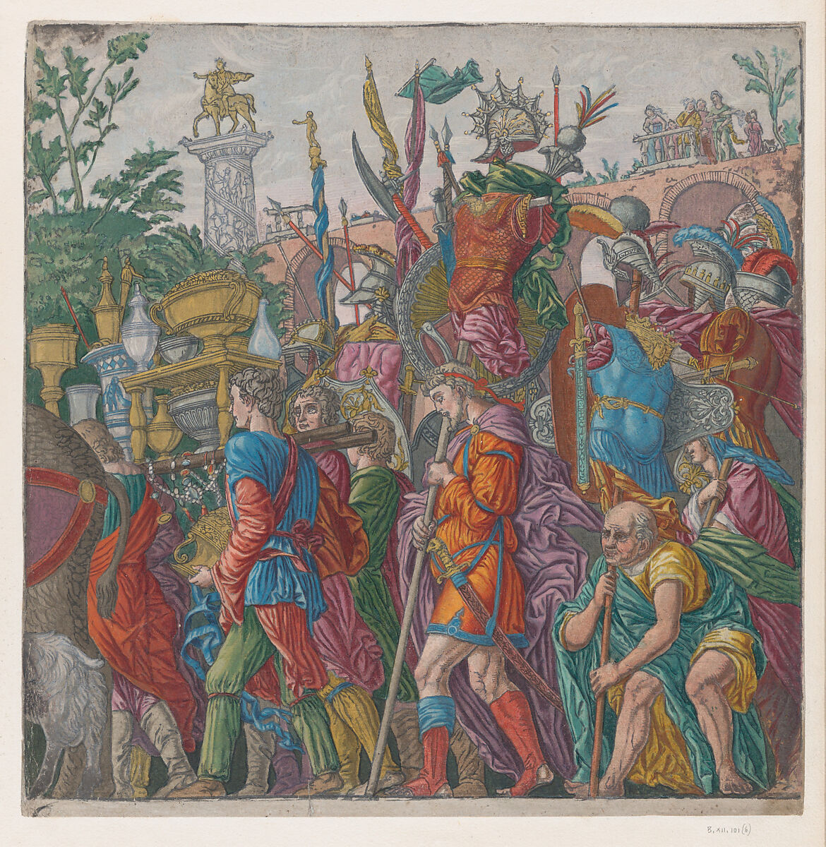 Sheet 6: Men Carrying Trophies, from "The Triumph of Julius Caesar", Andrea Andreani (Italian, Mantua 1558/1559–1629), Hand-colored woodcut 