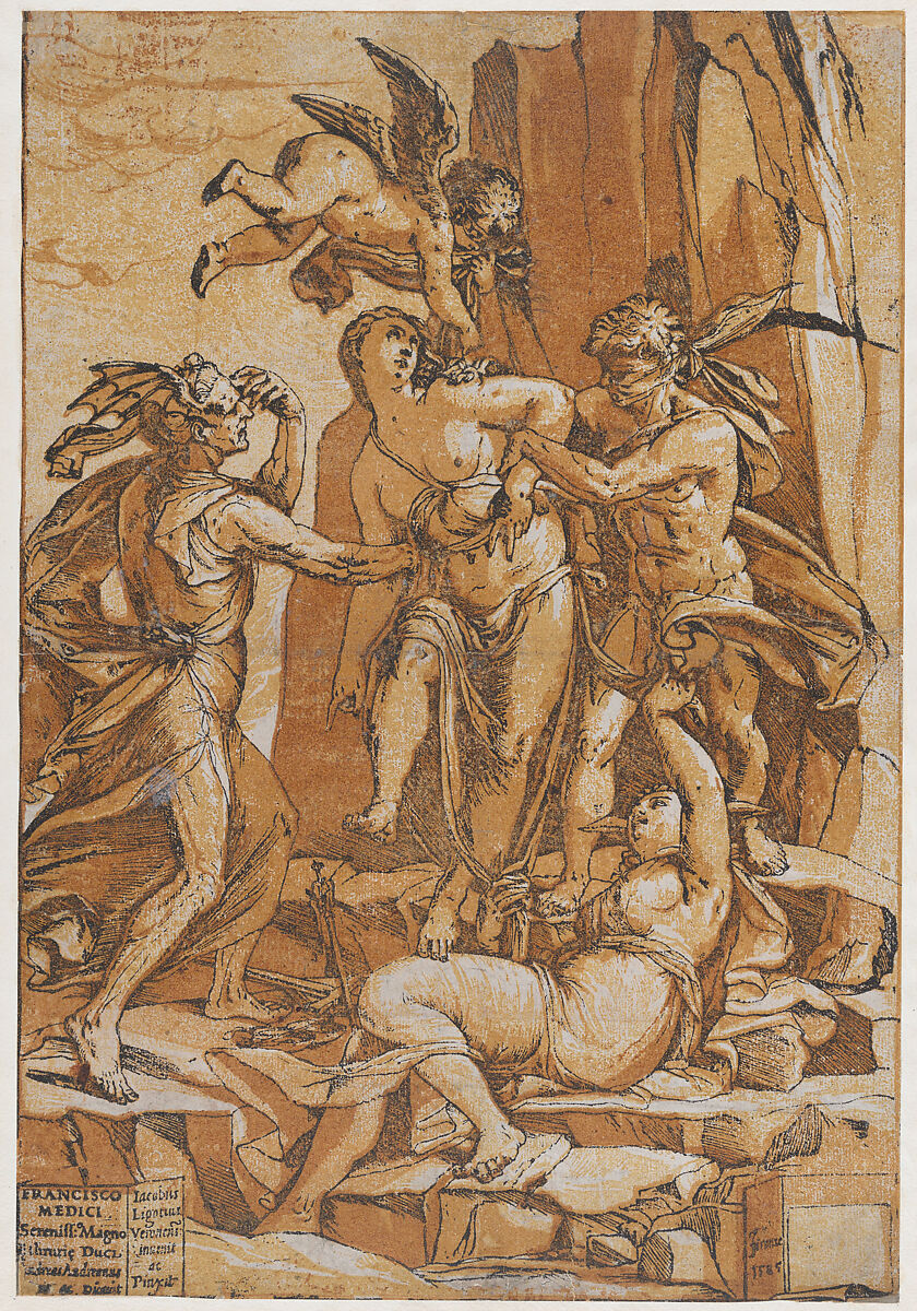 Virtue as a young woman in the centre of four figures representing love, error, ignorance and opinion, Andrea Andreani (Italian, Mantua 1558/1559–1629), Chiaroscuro woodcut from four blocks printed in orange ink 