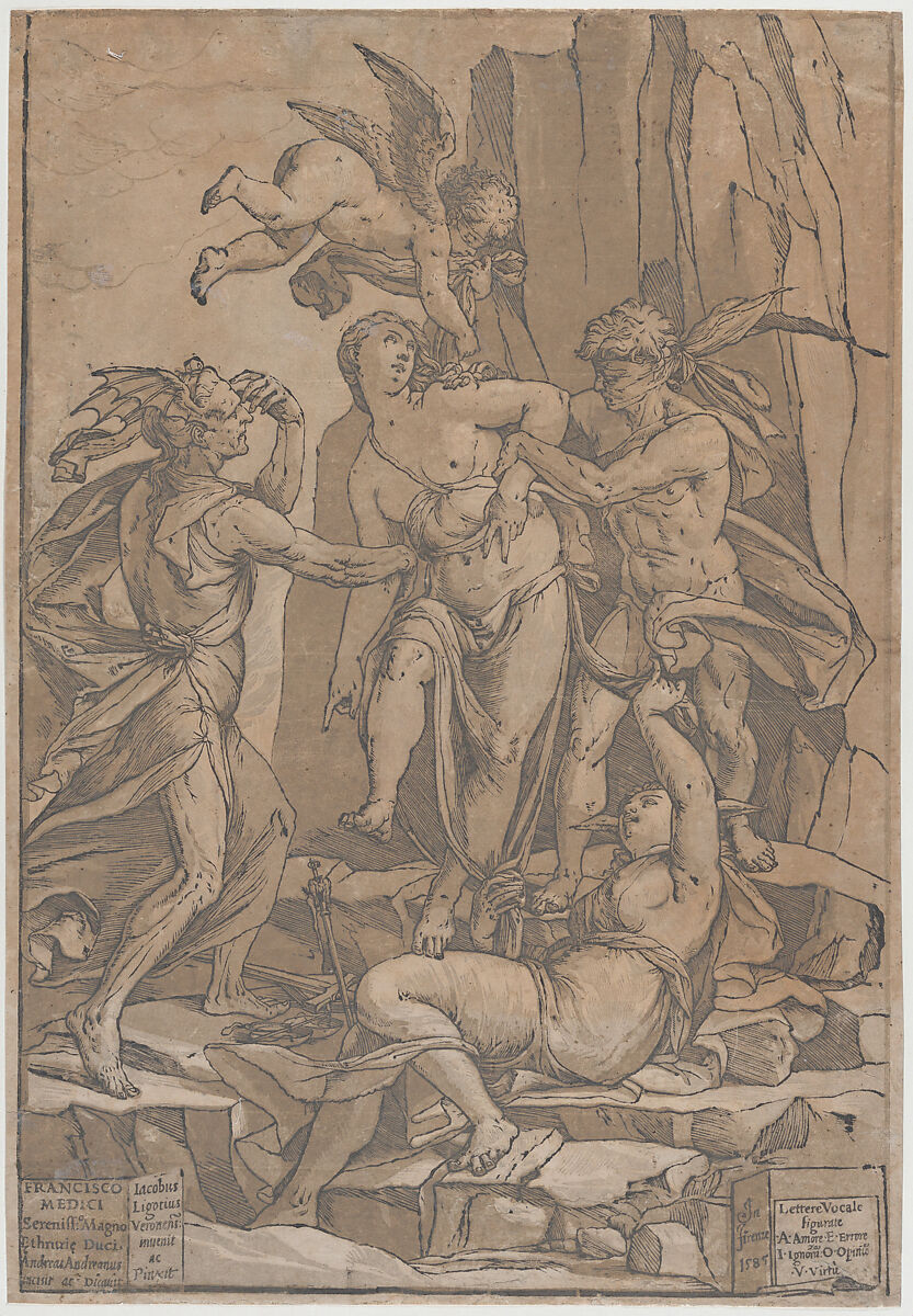 Virtue as a young woman surrounded by four figures representing love, error, ignorance and opinion, Andrea Andreani (Italian, Mantua 1558/1559–1629), Chiaroscuro woodcut printed from four blocks in brown ink 