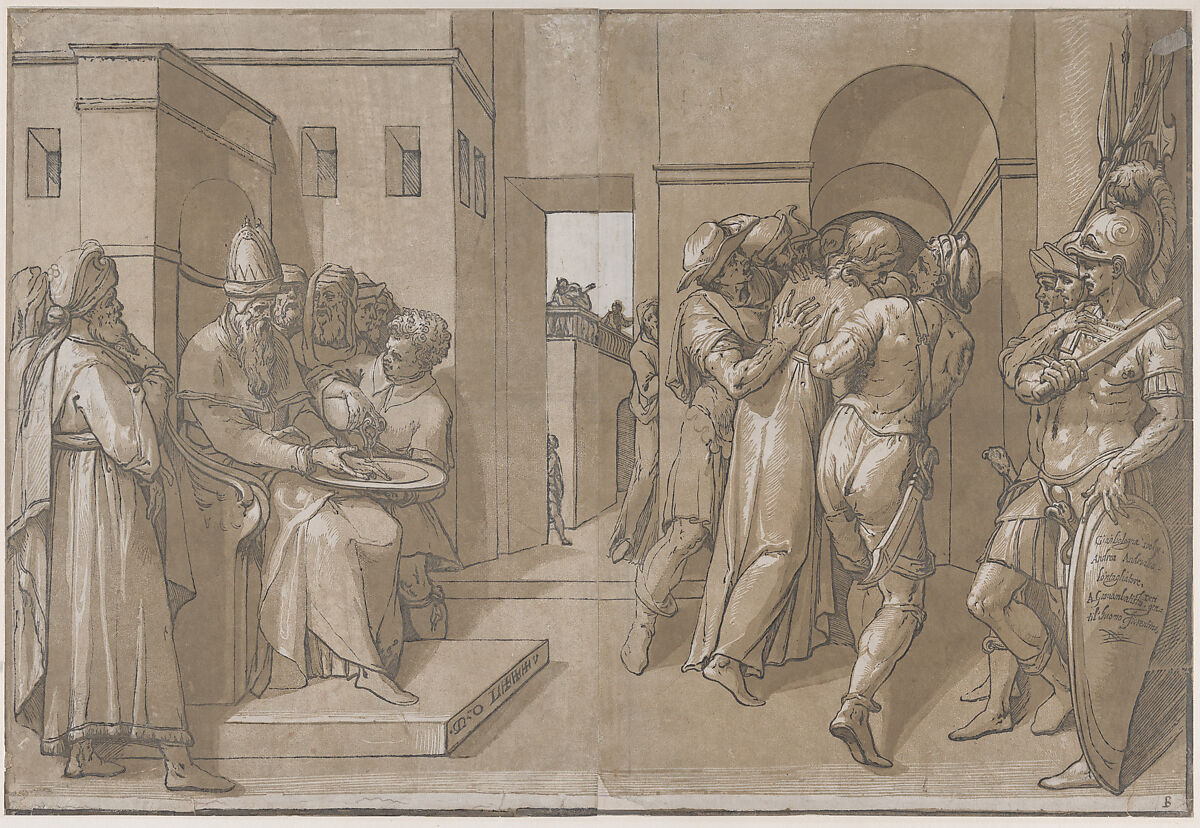 Pilate at the left washing his hands (left side of sheet), Andrea Andreani (Italian, Mantua 1558/1559–1629), Chiaroscuro woodcut from four blocks printed in green-brown ink 