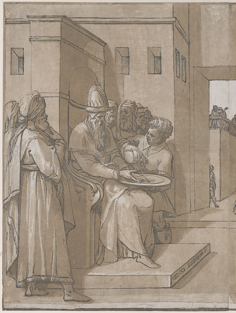 Pilate at the left washing his hands (left side of sheet), Andrea Andreani (Italian, Mantua 1558/1559–1629), Chiaroscuro woodcut from four blocks printed in green-brown ink