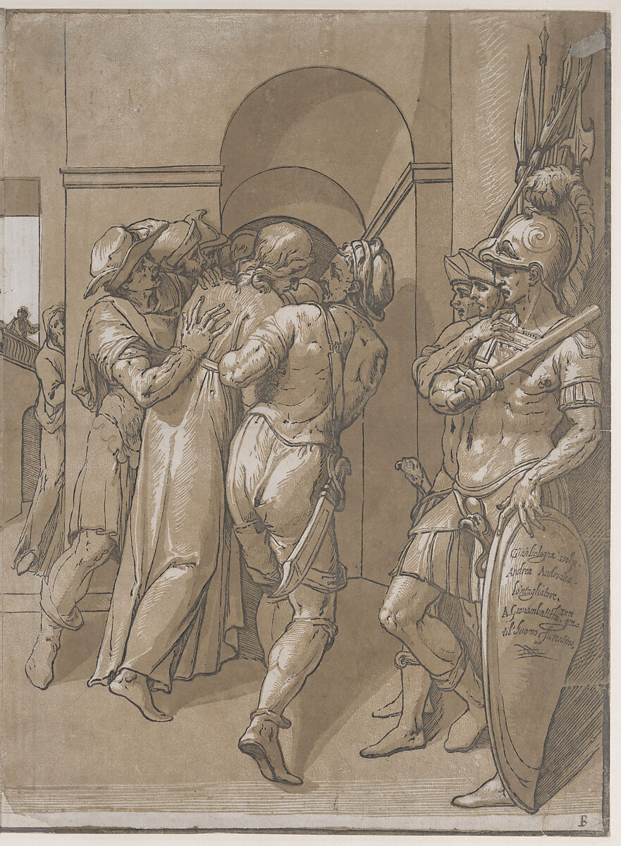 Christ is being led away, soldiers stand at the right (right side of sheet), Andrea Andreani (Italian, Mantua 1558/1559–1629), Chiaroscuro woodcut from four blocks printed in green-brown ink