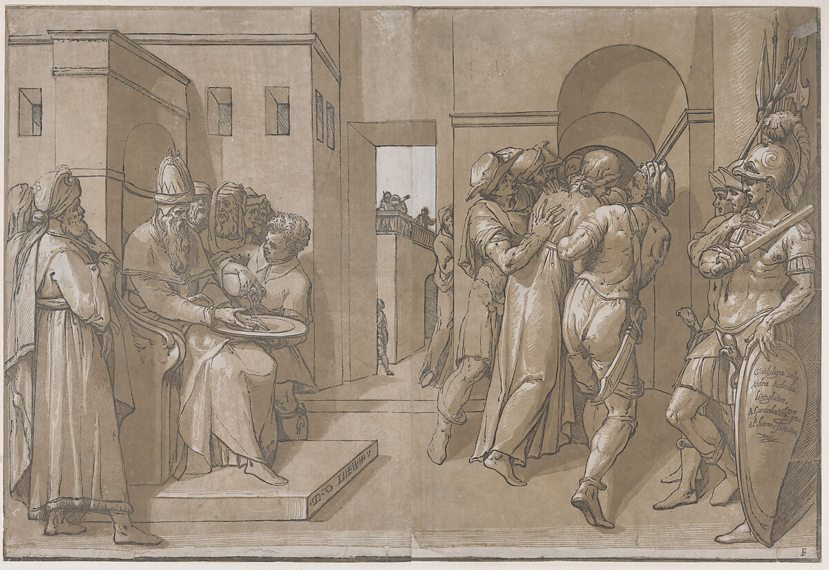 Christ is being led away, soldiers stand at the right (right side of sheet), Andrea Andreani (Italian, Mantua 1558/1559–1629), Chiaroscuro woodcut from four blocks printed in green-brown ink 