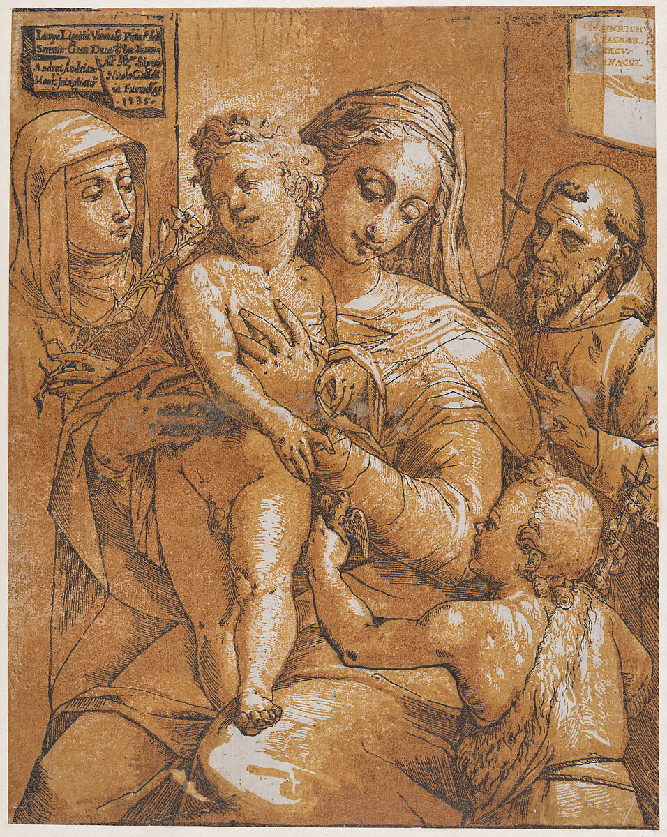 The Virgin and Child with St. John the Baptist, St. Francis, and St. Catherine of Siena, Andrea Andreani (Italian, Mantua 1558/1559–1629), Chiaroscuro woodcut from four blocks printed in orange 