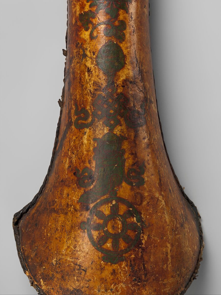 Quiver Decorated with the Eight  Auspicious Symbols, Leather, shellac, pigment, Tibetan or Mongolian