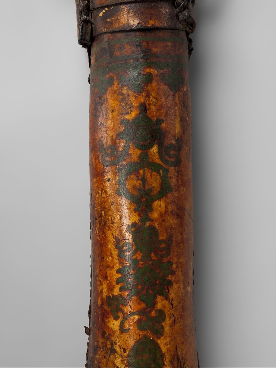 Quiver Decorated with the Eight  Auspicious Symbols, Leather, shellac, pigment, Tibetan or Mongolian
