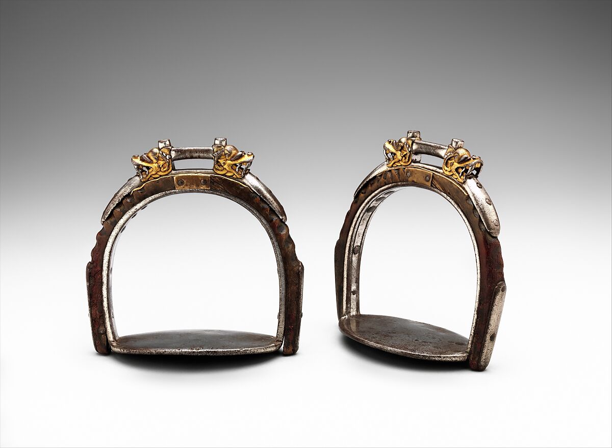 Pair of Stirrups, Iron, gold, silver, horn, copper alloy, Tibetan or Mongolian 