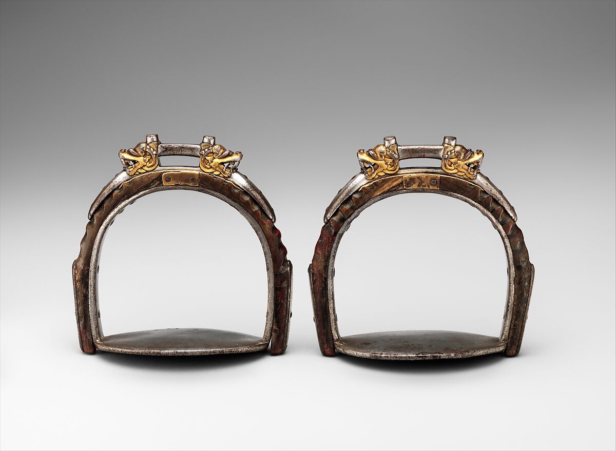 Pair of Stirrups, Iron, gold, silver, horn, copper alloy, Tibetan or Mongolian