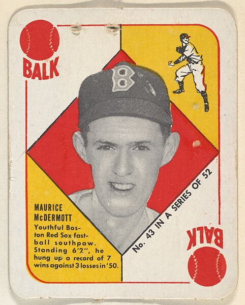 Card  Number 43, Maurice McDermott, Boston Red Sox, from the Topps Red/ Blue Backs series (R414-5) issued by Topps Chewing Gum Company, Issued by Topps Chewing Gum Company (American, Brooklyn), Commercial color lithograph 
