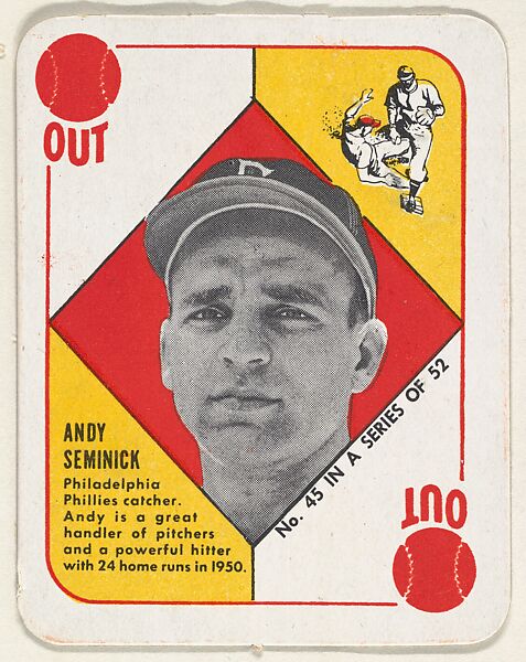 Card  Number 45, Andy Seminick, Catcher, Philadelphia Phillies, from the Topps Red/ Blue Backs series (R414-5) issued by Topps Chewing Gum Company, Issued by Topps Chewing Gum Company (American, Brooklyn), Commercial color lithograph 