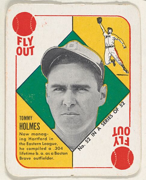 Card  Number 52, Tommy Holmes, Manager of Hartford Team in Eastern League and Outfield for Boston Braves, from the Topps Red/ Blue Backs series (R414-5) issued by Topps Chewing Gum Company, Issued by Topps Chewing Gum Company (American, Brooklyn), Commercial color lithograph 