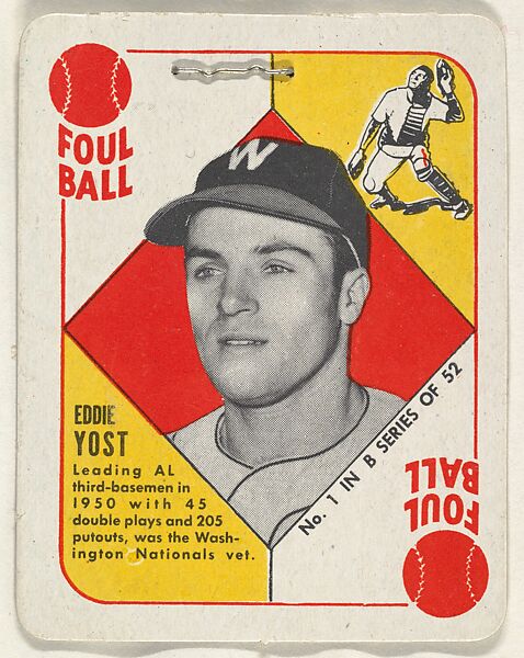 Card  Number 1, Eddie Yost, 3rd Base, Washington Nationals, from the Topps Red/ Blue Backs series (R414-5) issued by Topps Chewing Gum Company, Issued by Topps Chewing Gum Company (American, Brooklyn), Commercial color lithograph 