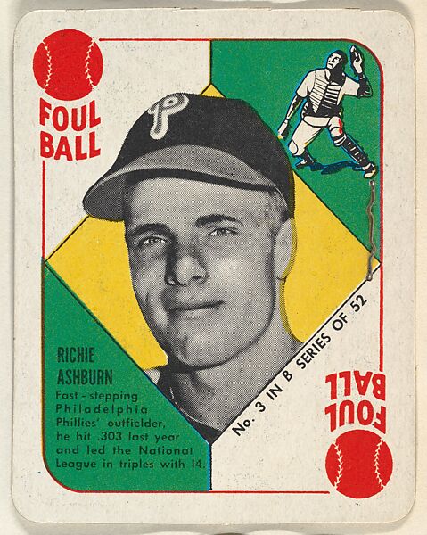 Card  Number 3, Richie Ashburn, Outfield, Philadelphia Phillies, from the Topps Red/ Blue Backs series (R414-5) issued by Topps Chewing Gum Company, Issued by Topps Chewing Gum Company (American, Brooklyn), Commercial color lithograph 