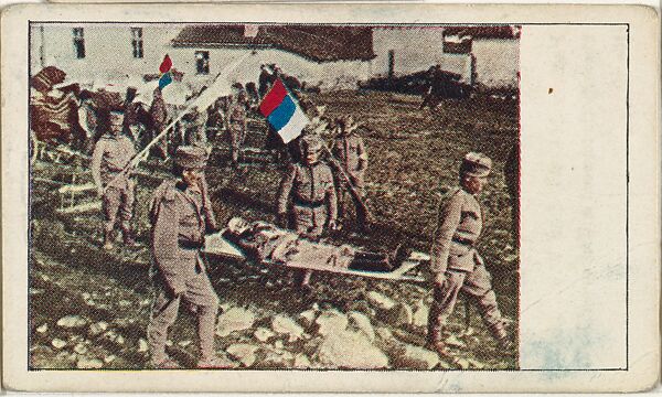 Card No. 47, The Very Latest Photograph Received in the United States from the Balkan-Turkish Seat of War, Showing Wounded Servians Being Removed from the Field After the Battle of Vronia, from the World War I Scenes series (T121) issued by Sweet Caporal Cigarettes, Issued by American Tobacco Company, Photolithograph 