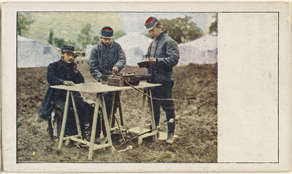 Card No. 48, Field Telegraph Outfit Communicating with Brigade Division of French Army, from the World War I Scenes series (T121) issued by Sweet Caporal Cigarettes, Issued by American Tobacco Company, Photolithograph 