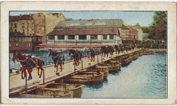 Card No. 57, French Pursue Germans Over Pontoon Bridge Constructed by Former, from the World War I Scenes series (T121) issued by Sweet Caporal Cigarettes, Issued by American Tobacco Company, Photolithograph 