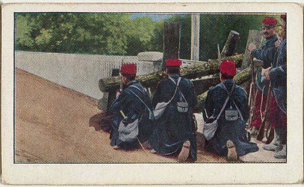 Card No. 61, Defending the Roads to Paris, from the World War I Scenes series (T121) issued by Sweet Caporal Cigarettes, Issued by American Tobacco Company, Photolithograph 