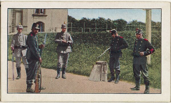 Card No. 62, Guarding the Swiss-German Frontier, from the World War I Scenes series (T121) issued by Sweet Caporal Cigarettes, Issued by American Tobacco Company, Photolithograph 