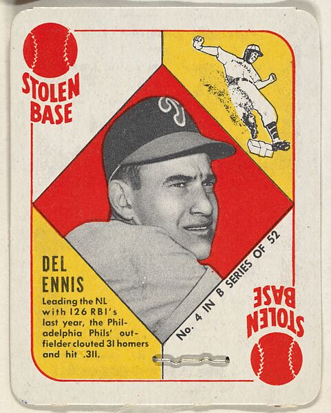 Card  Number 4, Del Ennis, Outfield, Philadelphia Phillies, from the Topps Red/ Blue Backs series (R414-5) issued by Topps Chewing Gum Company, Issued by Topps Chewing Gum Company (American, Brooklyn), Commercial color lithograph 