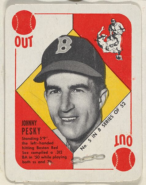 Card  Number 5, Johnny Pesky, Shortstop and 3rd Base, Boston Red Sox, from the Topps Red/ Blue Backs series (R414-5) issued by Topps Chewing Gum Company, Issued by Topps Chewing Gum Company (American, Brooklyn), Commercial color lithograph 