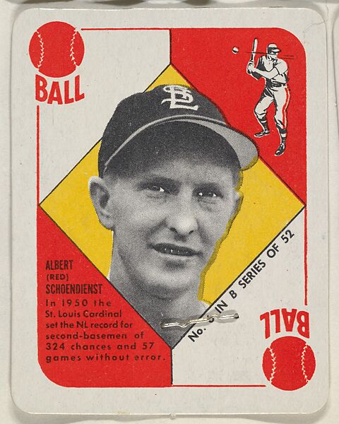 Card  Number 6, Albert (Red) Schoendienst, 2nd Base, St. Louis Cardinals, from the Topps Red/ Blue Backs series (R414-5) issued by Topps Chewing Gum Company, Issued by Topps Chewing Gum Company (American, Brooklyn), Commercial color lithograph 